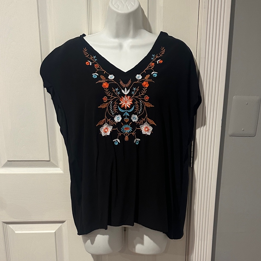 Floral Embroidered Black Blouse